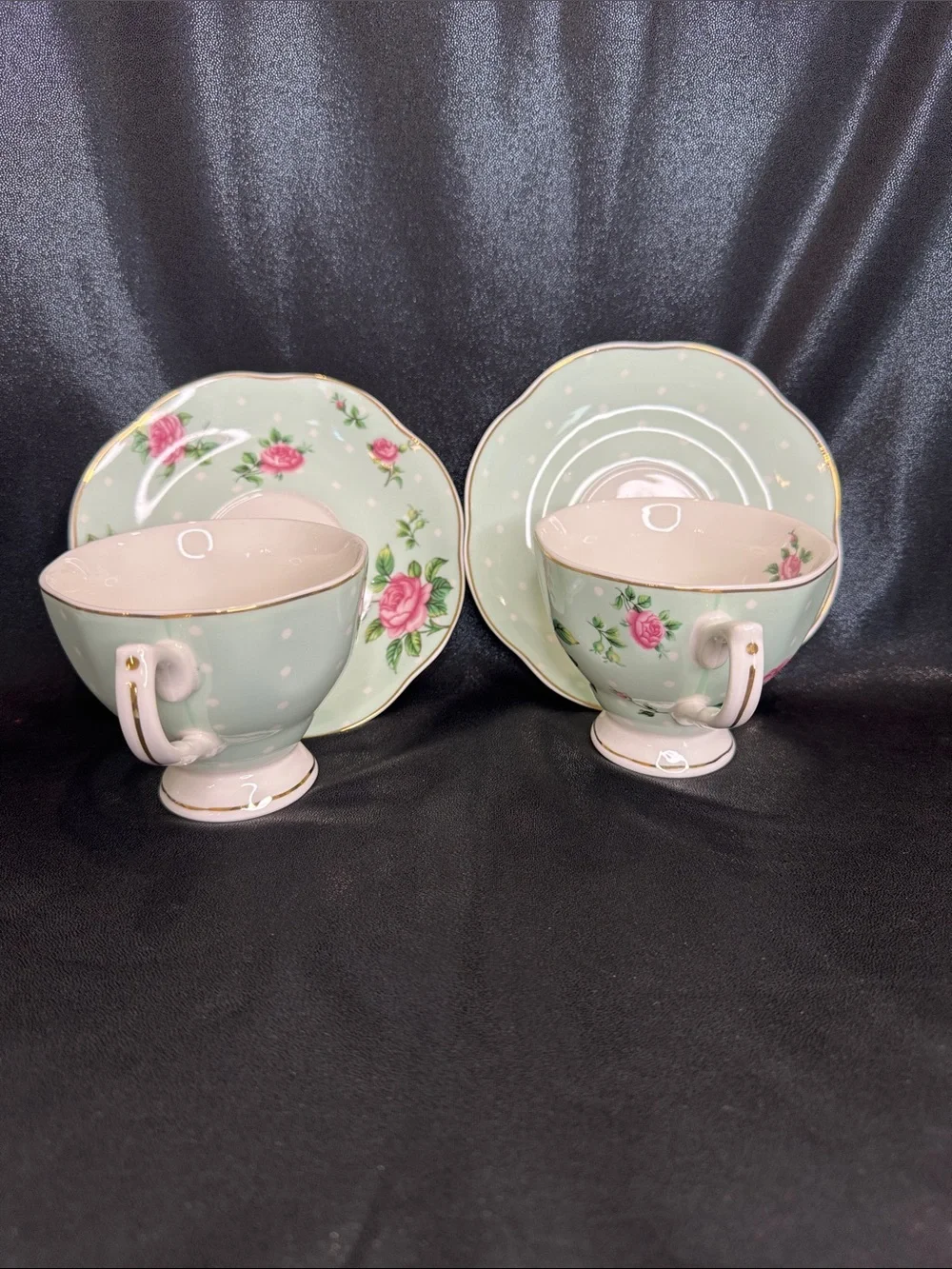BTaT Floral Teacups and Saucers Set of (2), 8 oz. Fine Porcelain w/Gold Trim